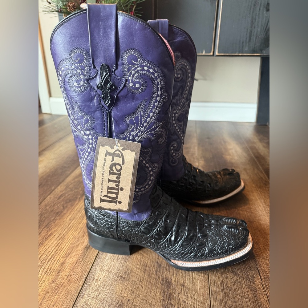 Ferrini Rancher Caiman Print Square Toe Cowboy Boots – Purple Shaft NWT - Picture 2 of 8